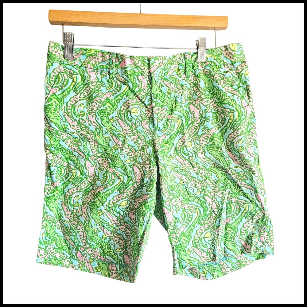 Lilly Pulitzer Avenue Shorts Colorful Print Casual Golf Size 8 Green Alligator
